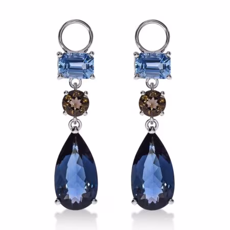 AMAVEO Fusion Charms aus Gold, London Blue Topase in Birnenform 8,00 ct, Sky Blue Topase im Smaragdschliff 2,00 ct, Runde Rauchquarze