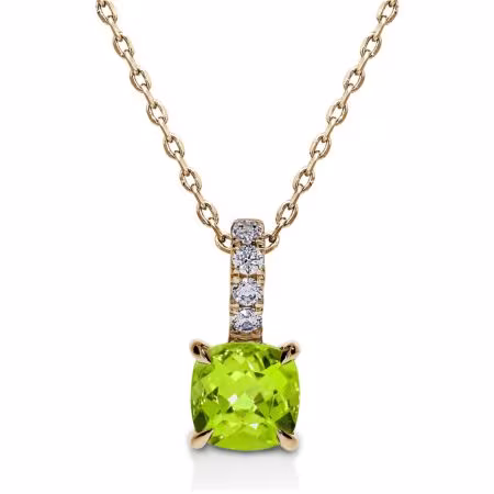 REGALIS Solitäranhänger aus Gold, Gelblich grüner Kissen-Peridot 1,50 ct mit Akzent-Diamanten