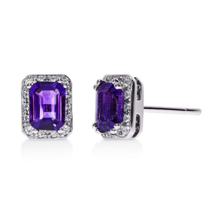 GRANDESSA Halo-Ohrringe aus Gold, Lila Amethyste im Smaragdschliff 0,90 ct mit Akzent-Diamanten