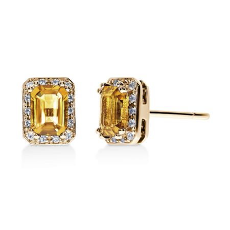 GRANDESSA Halo-Ohrringe aus Gold, Goldgelbe Citrine im Smaragdschliff 0,90 ct mit Akzent-Diamanten