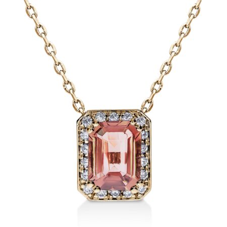 GRANDESSA Halo-Anhänger aus Gold, Peach Morganit im Smaragdschliff 0,85 ct mit Akzent-Diamanten