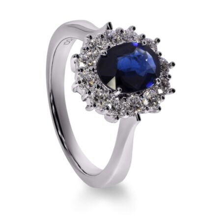 INSIGNIA Halo-Ring aus Gold, Ovaler Blauer Saphir 1,40 ct mit Akzentdiamanten
