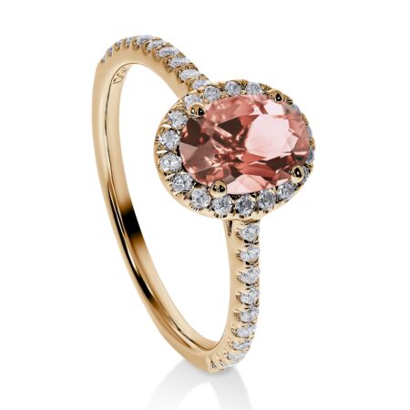 DULCI Halo Ring aus Gold, Ovaler Peach Morganit 0,60 ct mit Akzent-Diamanten