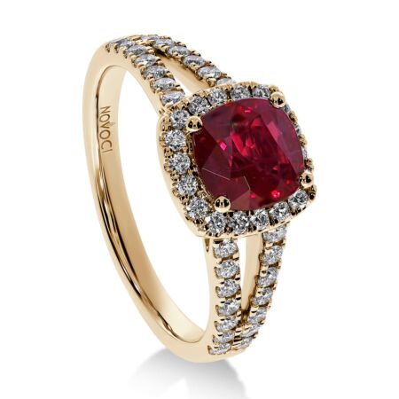 AMBIO Halo-Ring aus Gold, Kissen-Rubin 1,50 ct mit Akzent-Diamanten