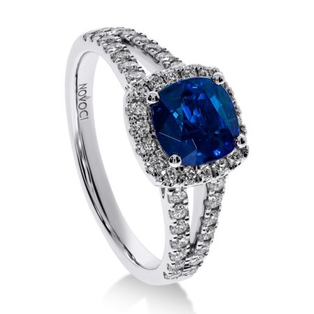 AMBIO Halo-Ring aus Gold, Blauer Kissen-Saphir 1,50 ct mit Akzent-Diamanten