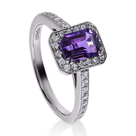 GRANDESSA Halo-Ring aus Gold, Lila Amethyst im Smaragdschliff 1,15 ct mit Akzent-Diamanten