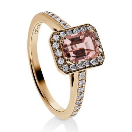 GRANDESSA Halo-Ring aus Gold, Peach Morganit im Smaragdschliff 0,85 ct mit Akzent-Diamanten