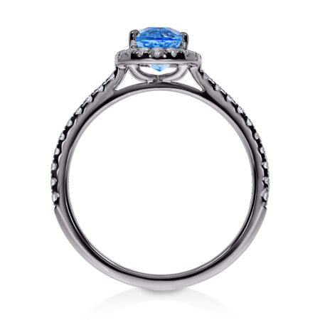 DULCI Halo-Ring aus Gold, Ovaler Swiss Blue Topas 1,10 ct mit Akzent-Diamanten