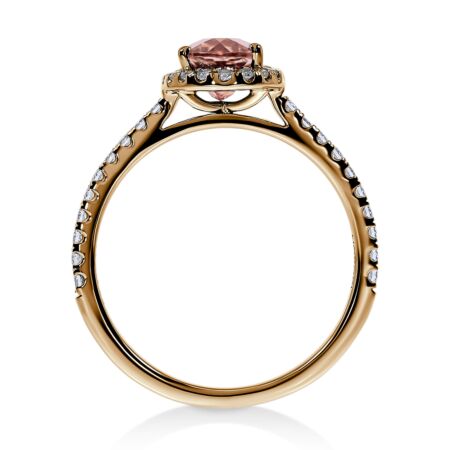 DULCI Halo Ring aus Gold, Ovaler Peach Morganit 0,60 ct mit Akzent-Diamanten