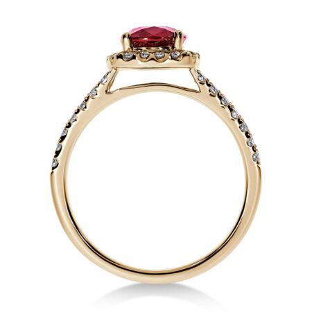 AMBIO Halo-Ring aus Gold, Kissen-Rubin 1,50 ct mit Akzent-Diamanten