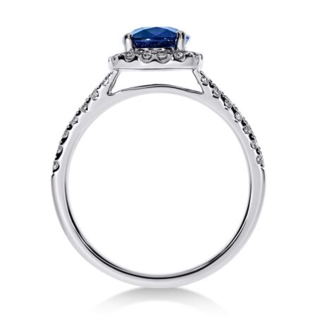 AMBIO Halo-Ring aus Gold, Blauer Kissen-Saphir 1,50 ct mit Akzent-Diamanten