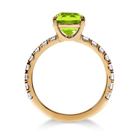 REGALIS Solitärring aus Gold, Gelblich grüner Kissen-Peridot 2,20 ct mit Akzent-Diamanten