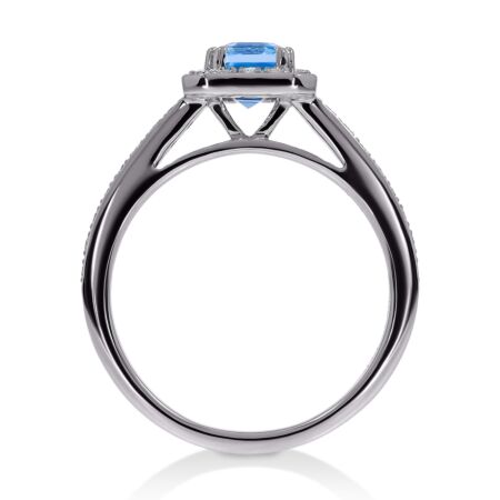 GRANDESSA Halo-Ring aus Gold, Swiss Blue Topas im Smaragdschliff 1,30 ct mit Akzent-Diamanten